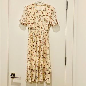Korean cream pleated floral dress puff sleeve rose